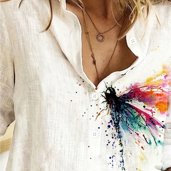 SHEIN White Pink Graphic Button Down Shirt - Picture 2 of 3